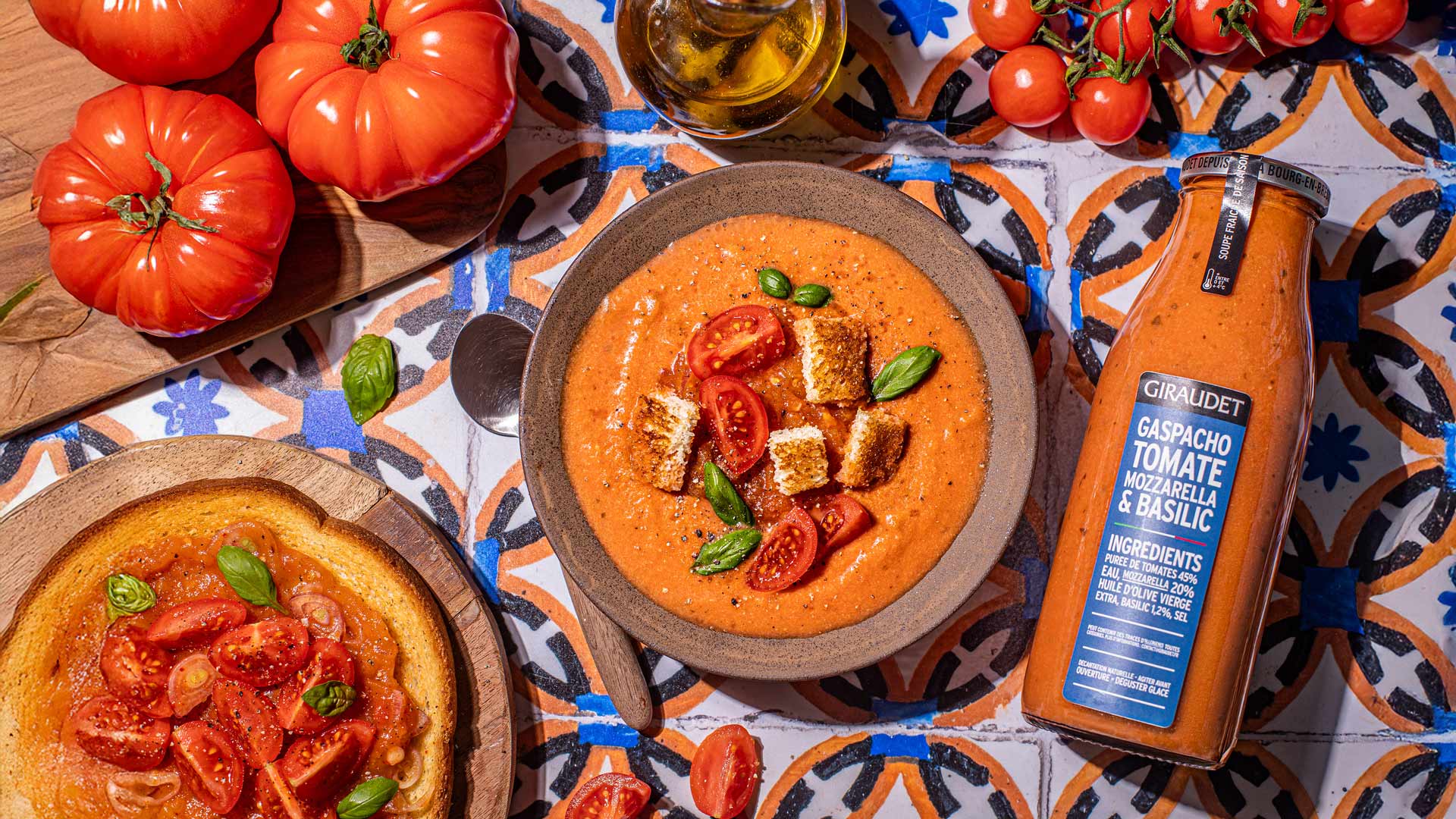 Gaspacho tomate, mozzarella & basilic