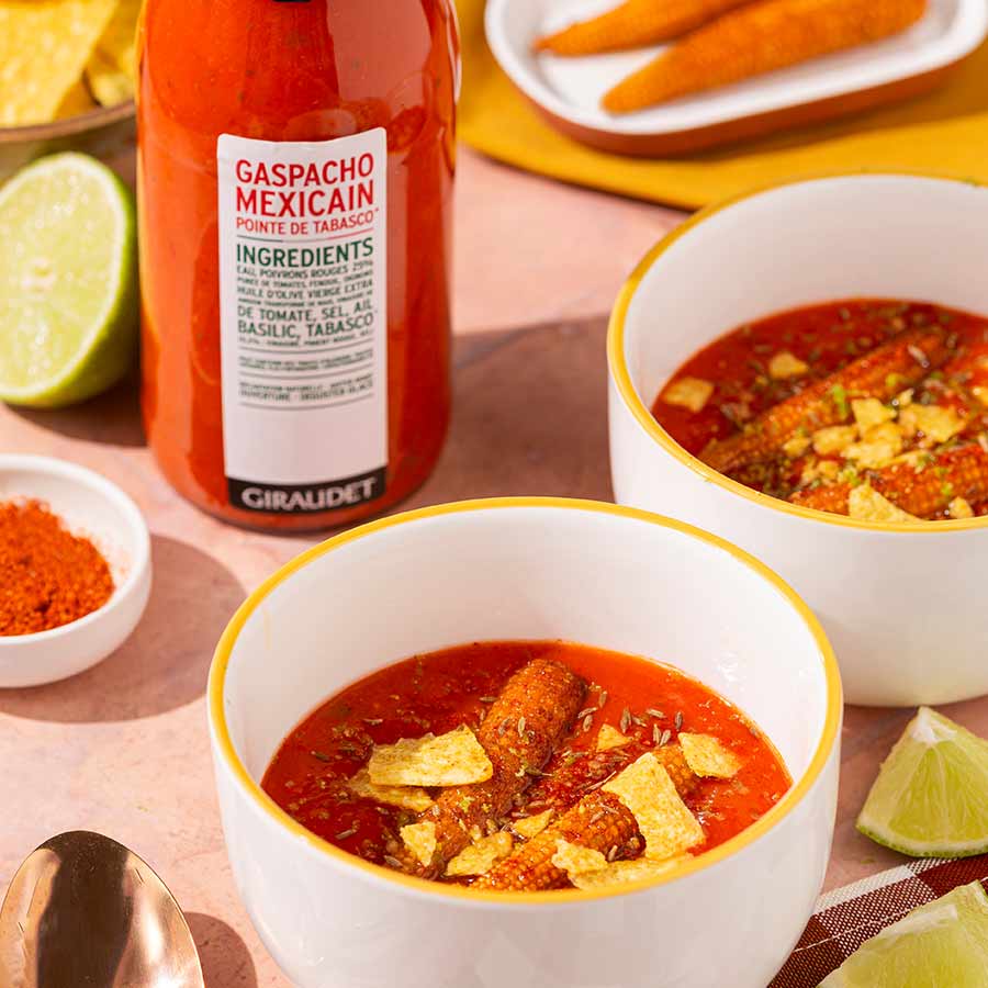 Gaspacho Mexicain, baby corn et tortillas Gaspacho Mexicain, baby corn et tortillas
