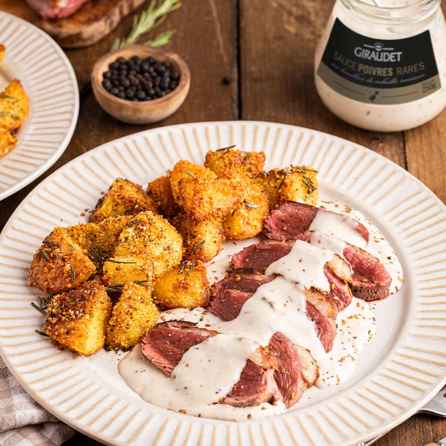 Magret de canard sauce aux poivres et pommes de terres croustillantes